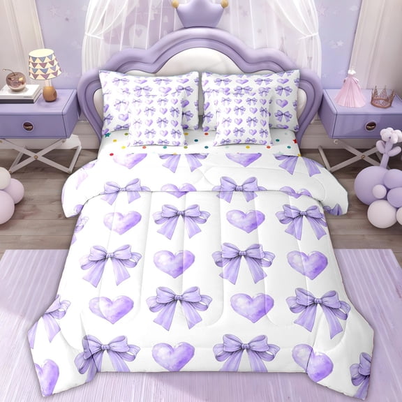 Erosebridal Dreamy Princess Bow Bedding Comforter Set, Purple Love Heart Full Bedding Set for Girls, 7 Pieces