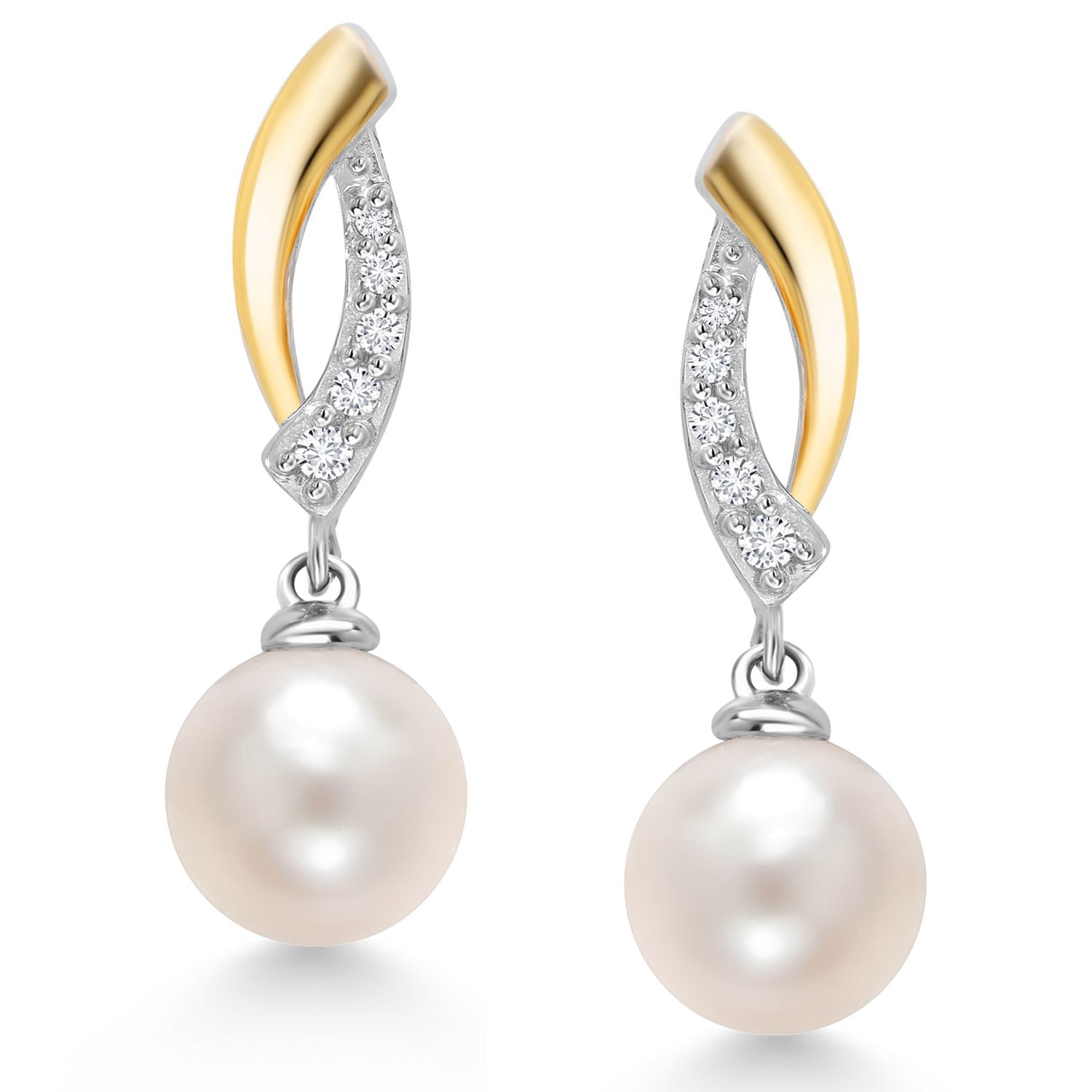 Gem Stone King 925 Sterling Silver and 10K Yellow Gold 7MM Round Cultured Freshwater Pearl and Lab Grown Diamond Dangle Earrings for Women