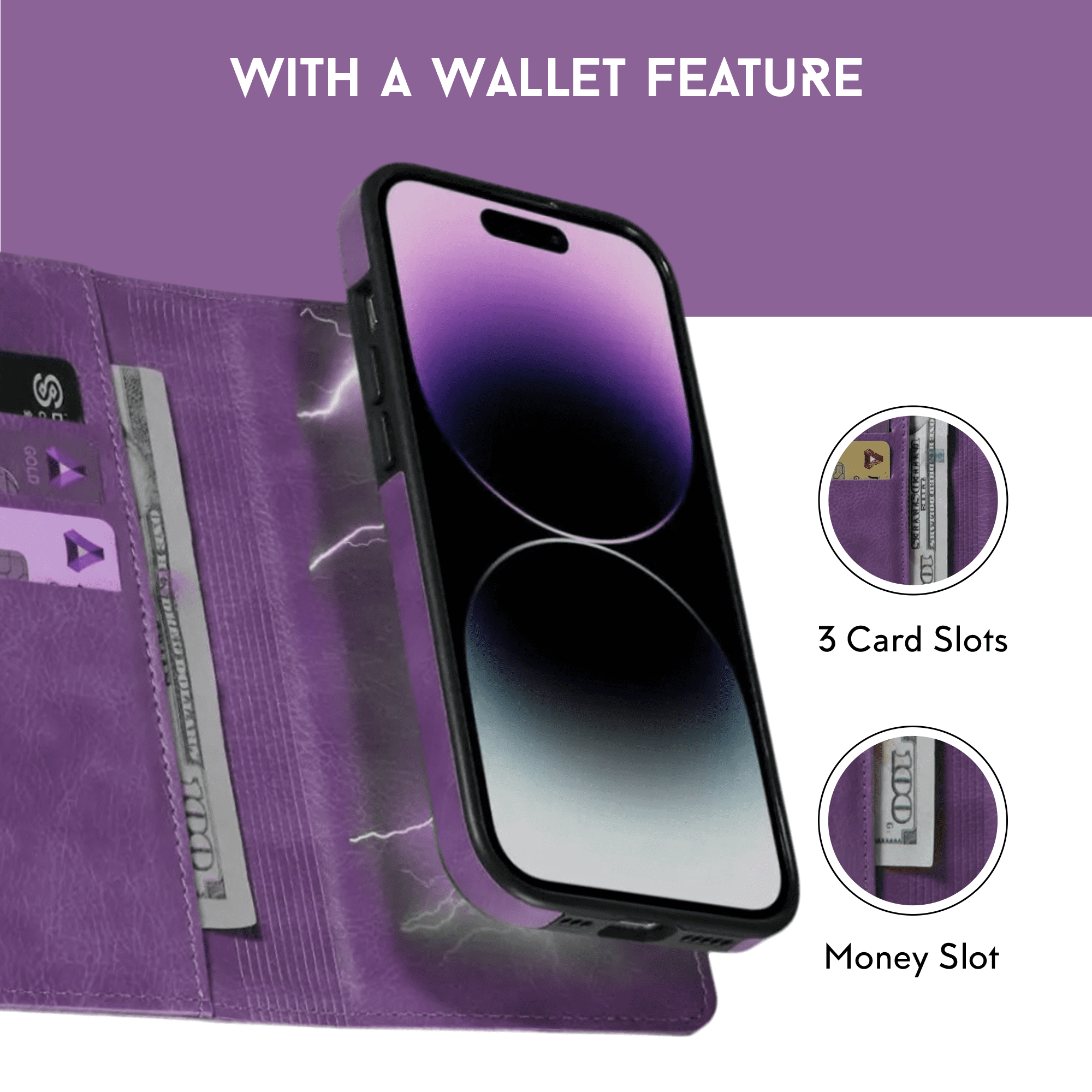 RadEnergy Leather Wallet Case with EMF Protection and Stand for iPhone 15 Pro – Purple