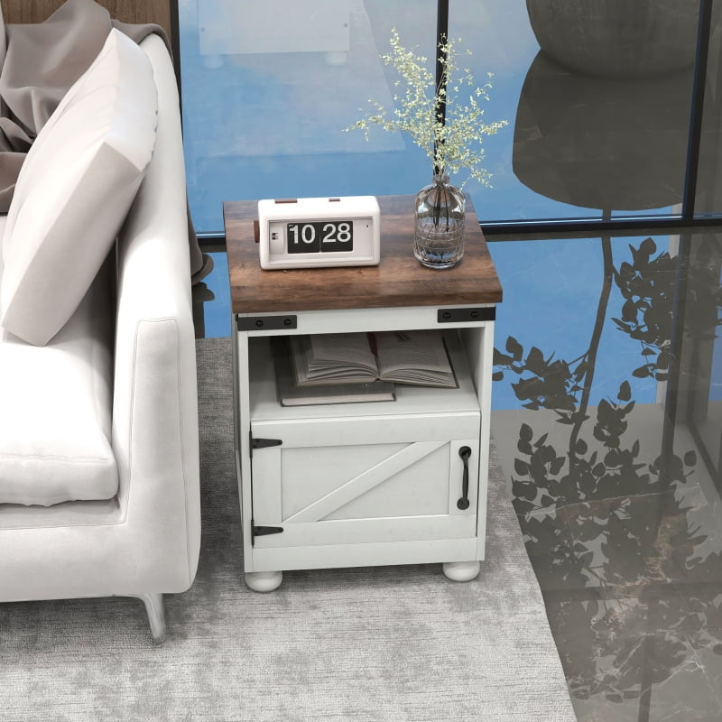 HOQBN Side Table with Storage, End Table with Open Shelf, Cupboard, and Wood Legs, Modern Farmhouse Style, White