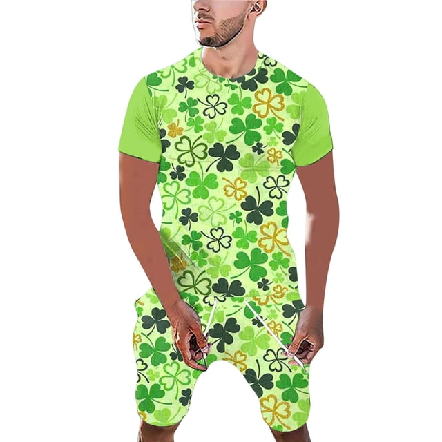 TSADFHJI Pyjamas pour Hommes en Coton Automne Imprimé Jour de la Saint-Patrick Col Rond Manches Courtes Ensemble m Vert Menthe