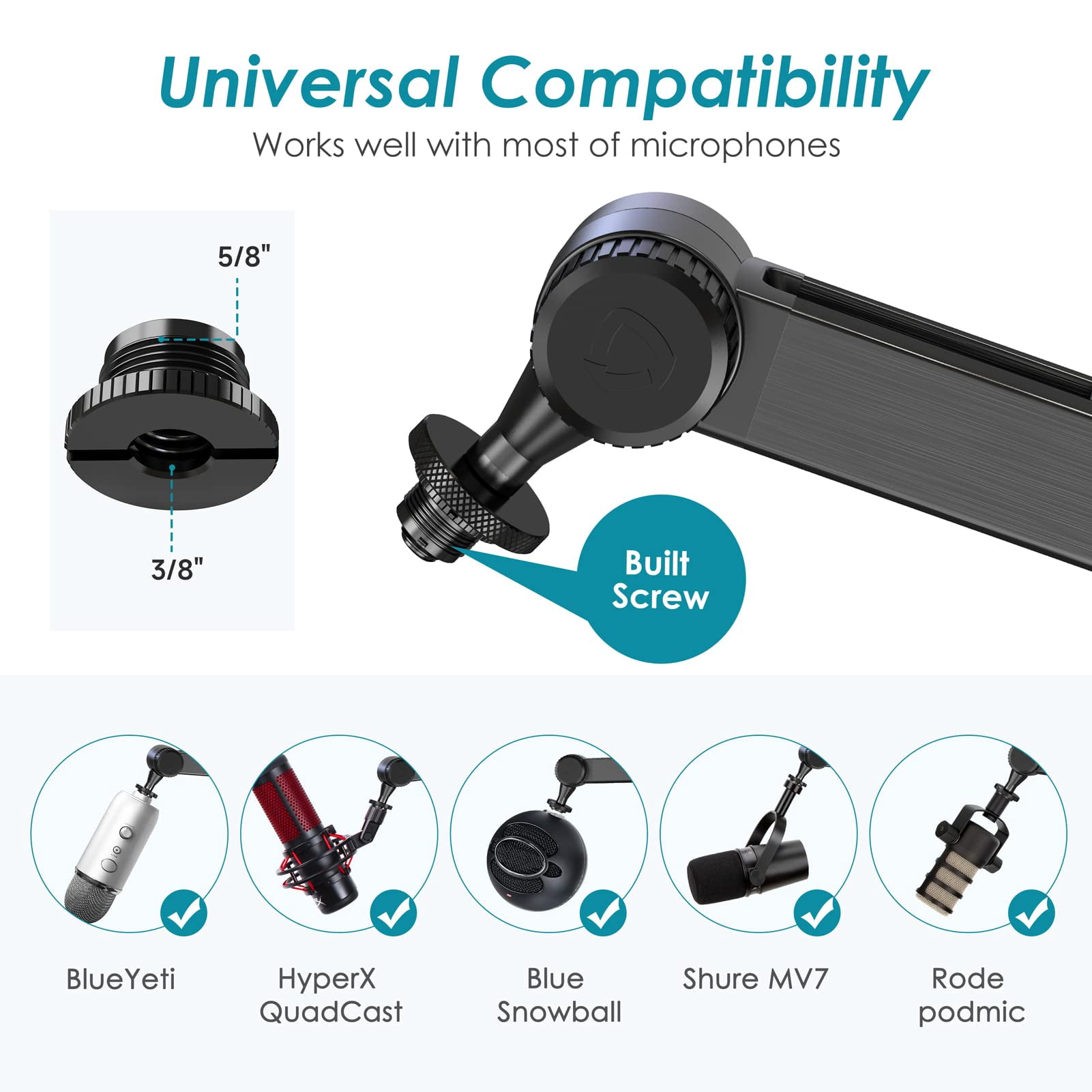 YOUSHARES Blue Yeti Microphone Boom Arm - Weighted Metal Mic Arm, Flexible Desk Mount with 5 Freely Adjustable Joints, Compatible with HyperX QuadCast, Rode, Razer and Most USB Mics
