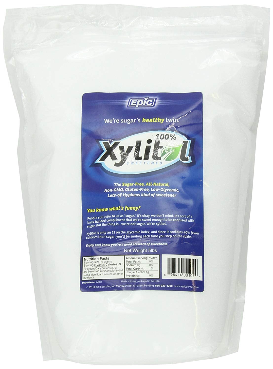 100 Xylitol Sweetener Pouch, 5 Pounds, 40 fewer calories than sugar