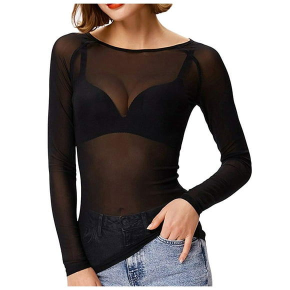 WEIYLL Tops Women Sheer Long Sleeve Seamless Arm Solid Mesh Black Top Sizes XL