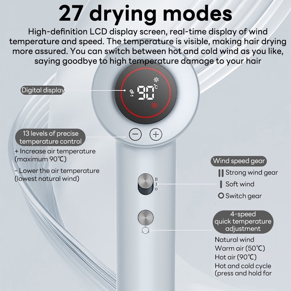 INSMART High Speed Hair Dryer, 110,000 RPM Brushless Motor High Speed Hair Dryer, 27 Dry Hair Modes and 13 Temperatures with LED Screen for Home and Travel