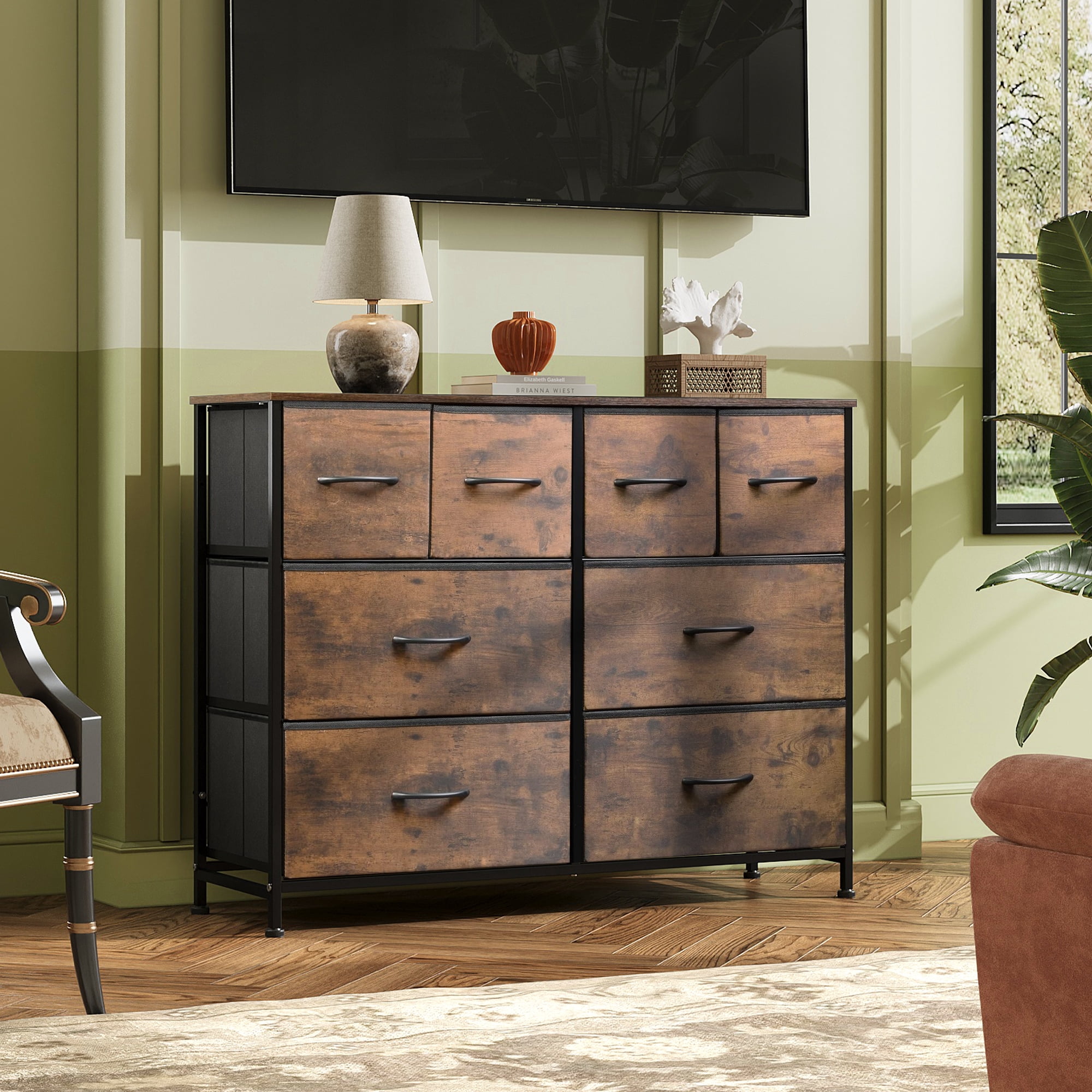 GALAXHERO 8 Drawers Dresser for Bedroom, Wide Fabric Storage Chest Drawers for Closet, Entryway, Rustic Brown Wood Grain