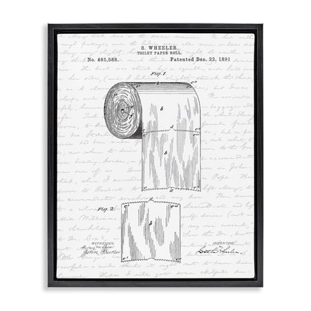 Stupell Industries Toilet Paper Roll Patent Black And White Bathroom Design Jet Black Framed Floating Canvas Wall Art, 24x30, by Lettered and Lined