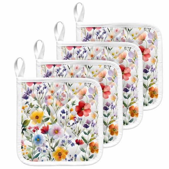 Floral Pot Holders for Kitchen Heatproof Potholder, 4 Pack Red Yellow Pink Blue Flower Purple Lavender Leaf Hot Pads Multipurpose Oven Pads Cloth Potholders Trivet for Cooking and Baking