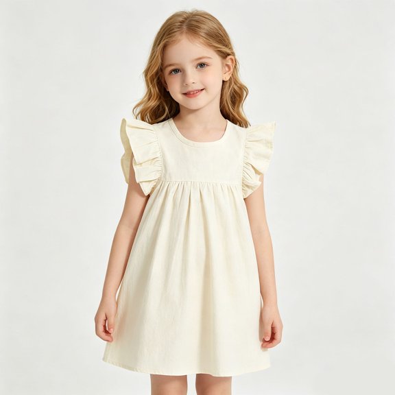 Casual Everyday Tiered Solid Color Girls Dress with Flutter Sleeves Summer ComfortBeige3-4 Years