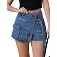 thumbnail image 1 of Falda de mezclilla para mujer INSPIRE CHIC, skort con cremallera decorativa, estilo Y2K, de cintura alta, mini falda de mezclilla tipo envoltura, 2XL, azul, 1 of 6