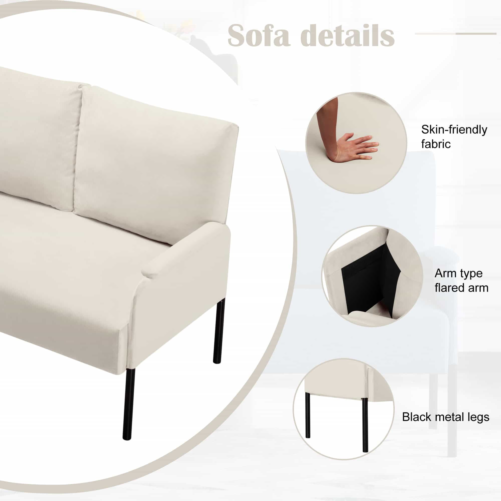 BSHTI Velvet Upholstery Loveseat Couch,2 Seating,Metal Frame,High-density Fam Seat Loveseat,Well in Apartments or Rooms with Limited Space(Beige)