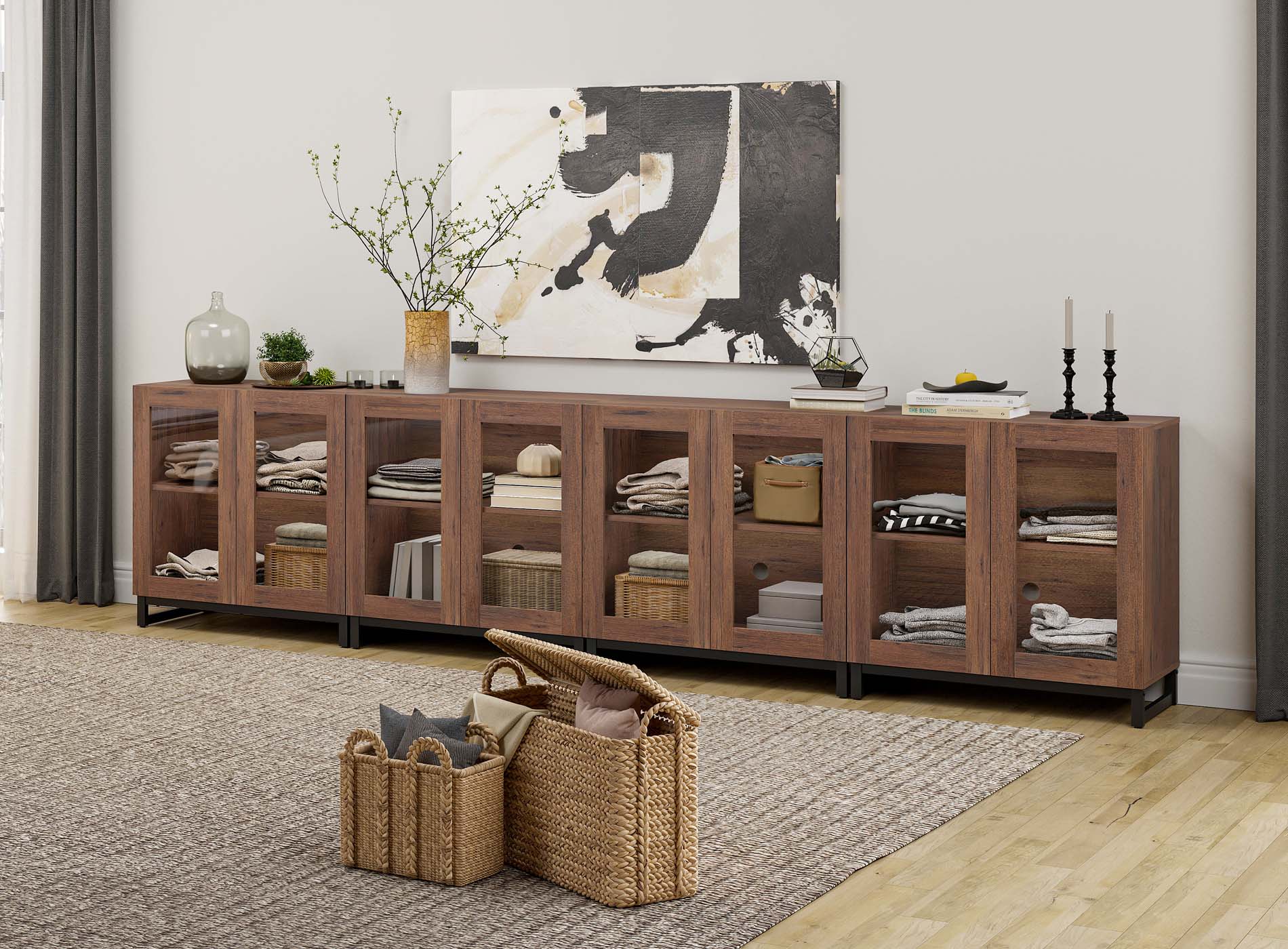 WAMPAT Modern TV Stand with Glass Doors for 120 inch TVs, 4 in 1 Entertainment Center Console with Adjustable Shelves and Metal Base for Living Room, Bedroom, Brown