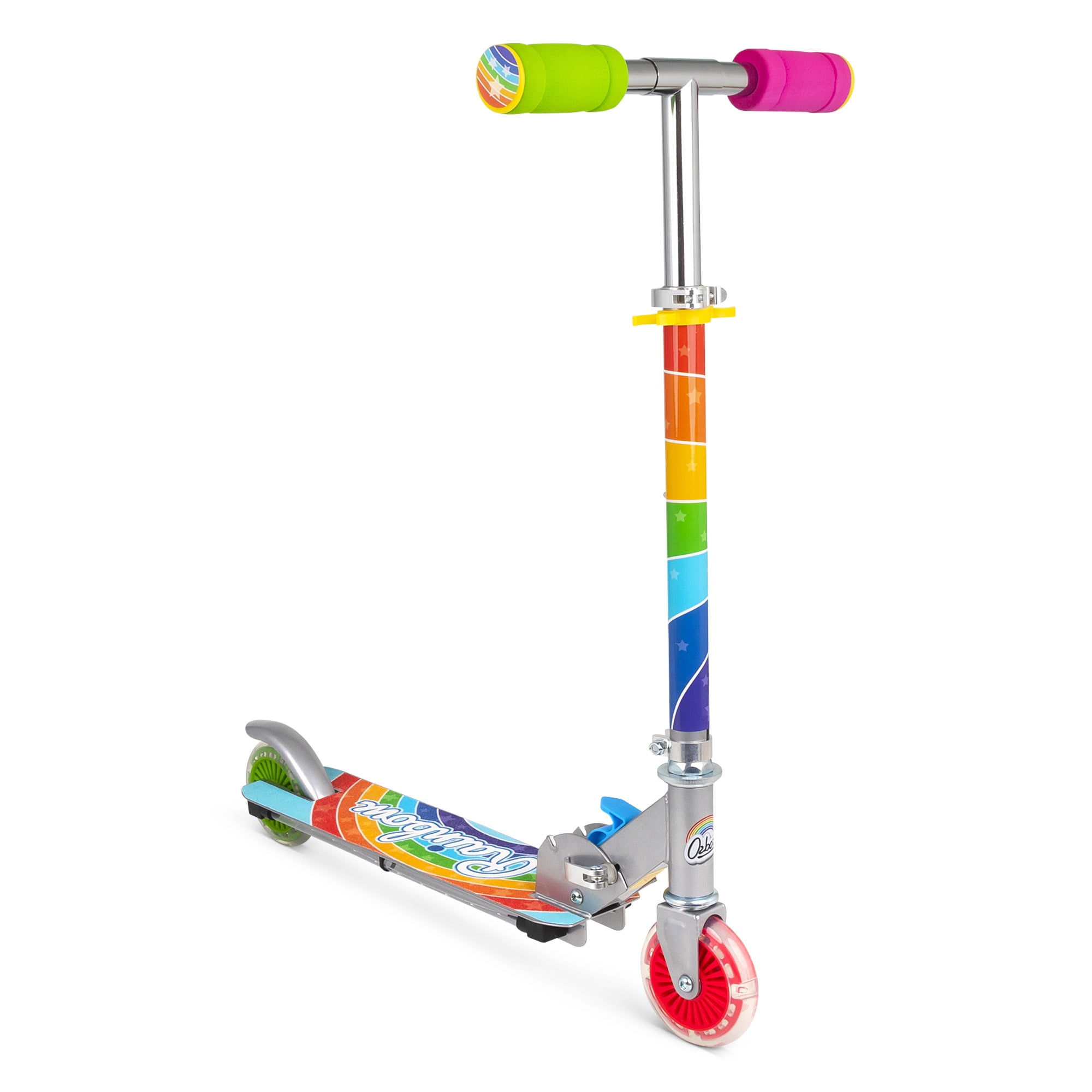 Ozbozz: Flashing Scooter - Rainbow - Light-Up Wheels & Deck, Adjustable Height, 2 Wheel Outdoor Ride-On, Foam Handles, Foldable, 100lb Limit, Kids 5+
