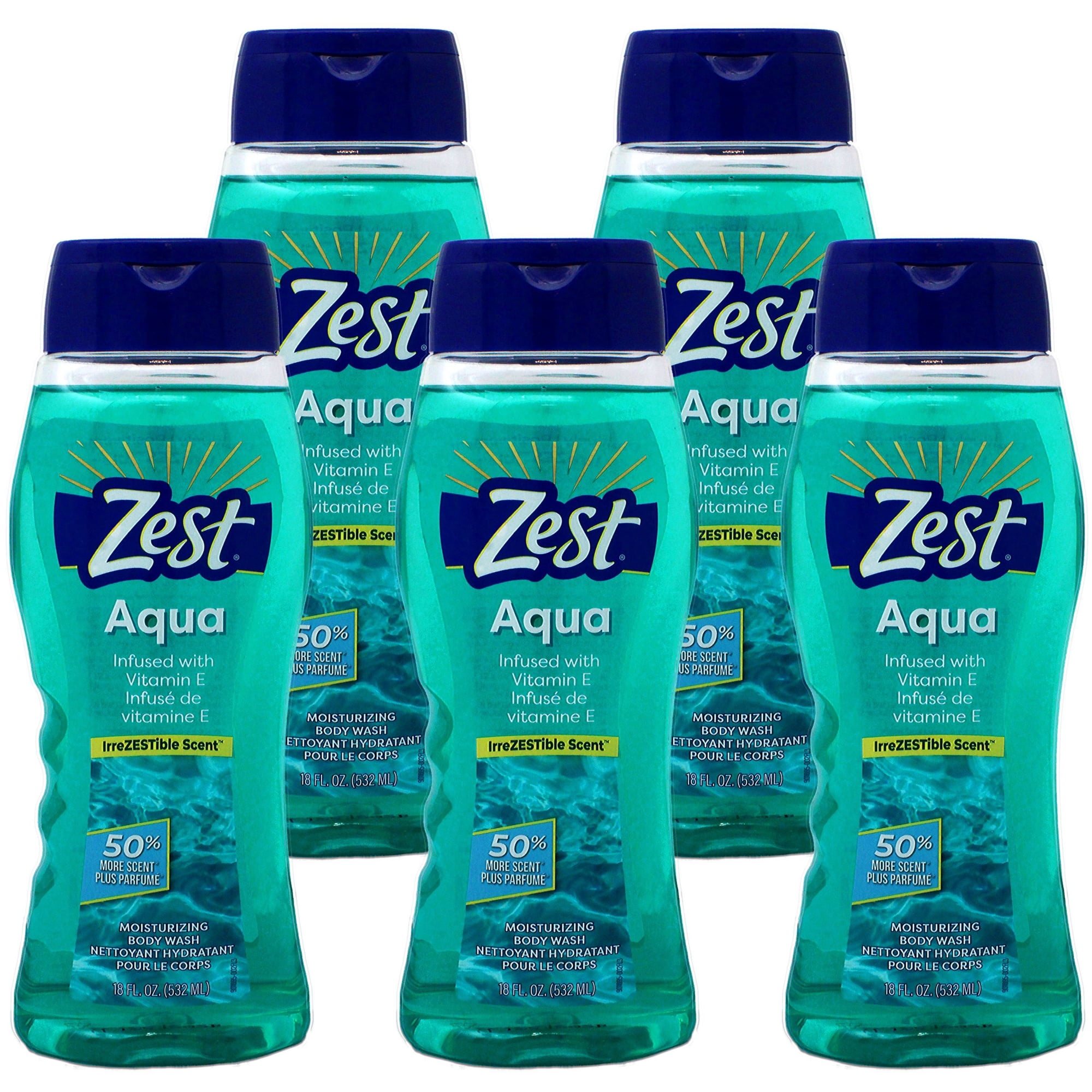 Zest Hydrating Body Wash Shower Gel Aqua Scent with Vitamin E 18 fl oz Pack of 5