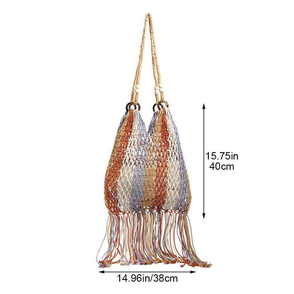 Jiibva Tassel Fishnet Women Shoulder Bags Rope Woven Crochet Tote Bag Lady Handbags Hollow Summer Beach Bag Large Bohemian Bag
