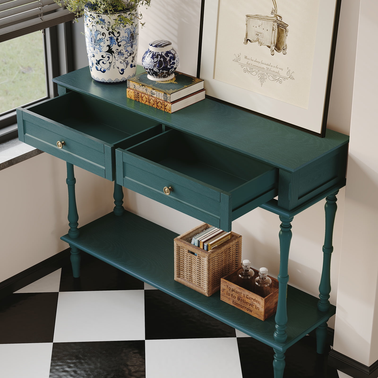 HLR 40" Modern Console Table, Assembled Entryway Table with 2 Drawers for Living Room, Green