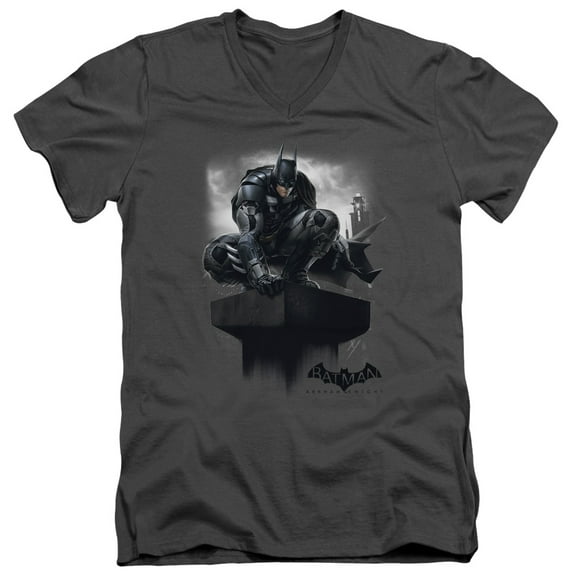 Batman Arkham Knight Perched S/S Adult V-Neck T-Shirt 30/1 T-Shirt Charcoal