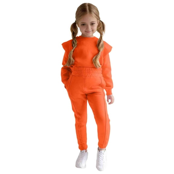Staki Girl Fleece Outfit Kids Toddler Girls Clothes Graphic Drop Shoulder Top Print Pants Fall Winter Outfit 3T,4T,5T,6Y,7Y,8Y(Orange,6-7 Years)