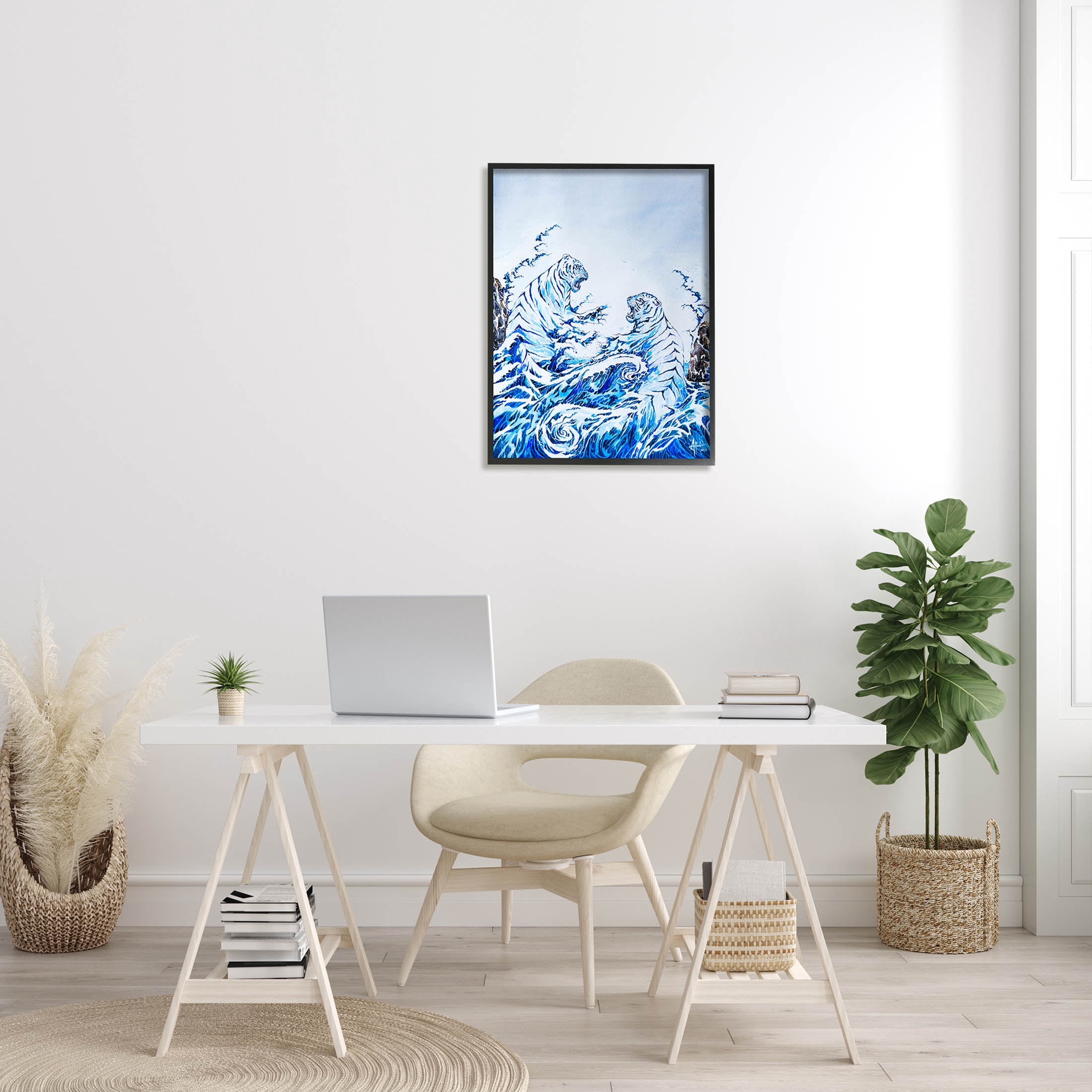 Dueling Tigers Ocean Waves Animals & Insects Painting Black Framed Art Print Wall Art
