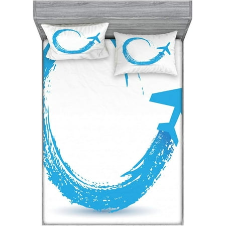 

Artwork of a Civil Aircraft Path Paintbrush Stroke Hand Drawn Inspired Decorative Printed 3 Piece Bedding Decor Set Calking Sky Blue and White