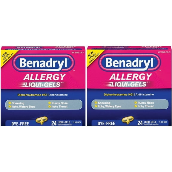 2 Pack BENADRYL ALLERGY LIQUI-GELS DYE-FREE 25MG 24 LIQUI GELS