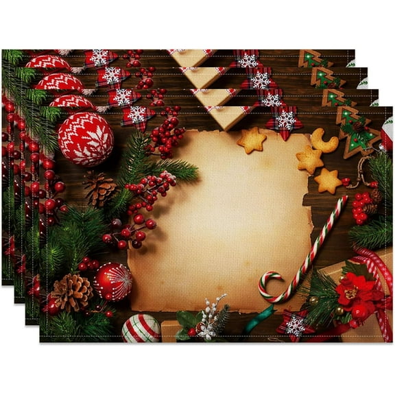 Merry Christmas Placemats of 4 Brown Old Paper Table Mat Boxes Balls Green Pine Tree Xmas Holiday Party Dinning Decoration 18x12 Inch