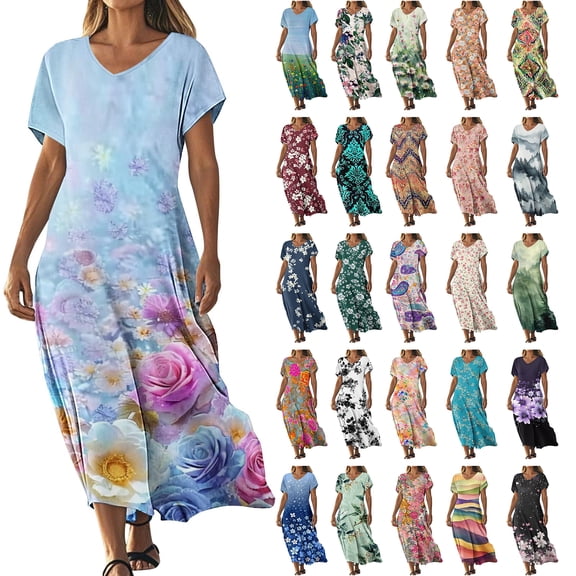 NSLGXD Flower Maxi Dresses for Women Summer Casual Short Sleeve Flowy Long Dress Vacation Beach V Neck A Line T-Shirt Dress Pink Dress,Size S-2XL