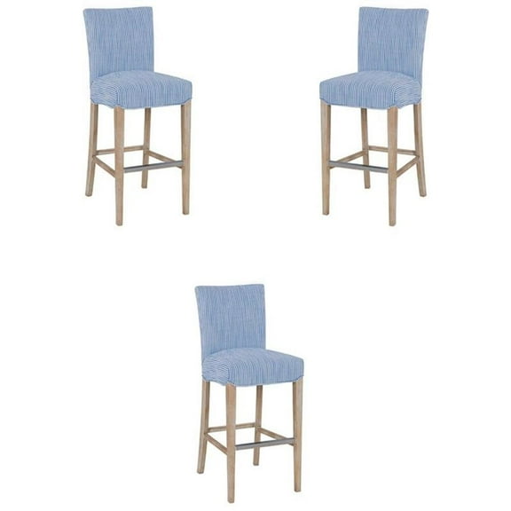 Pemberly Row 29.5" Bar Stool in Blue Stripes & Natural - Set of 3