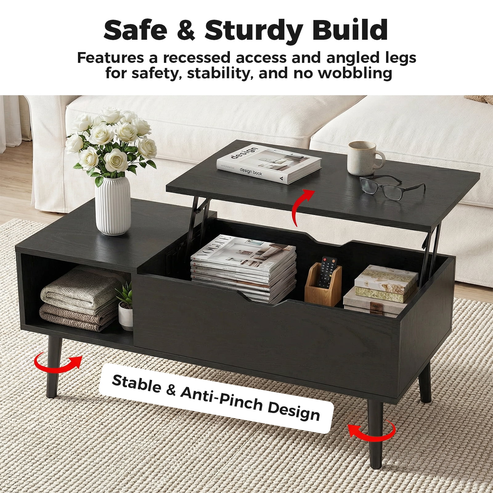 Alvantor Lift Top Coffee Table with Storage, Modern Lift-Up Design Hidden Compartment, Brown/Black