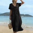 thumbnail image 6 of Summer Dresses for Womens 2026 Plus Size Fashion Cotton And Linen Solid Color Dress Short Sleeved V-neck Lace Trimmed Loose Casual Summer Beach Dress, 6 of 9