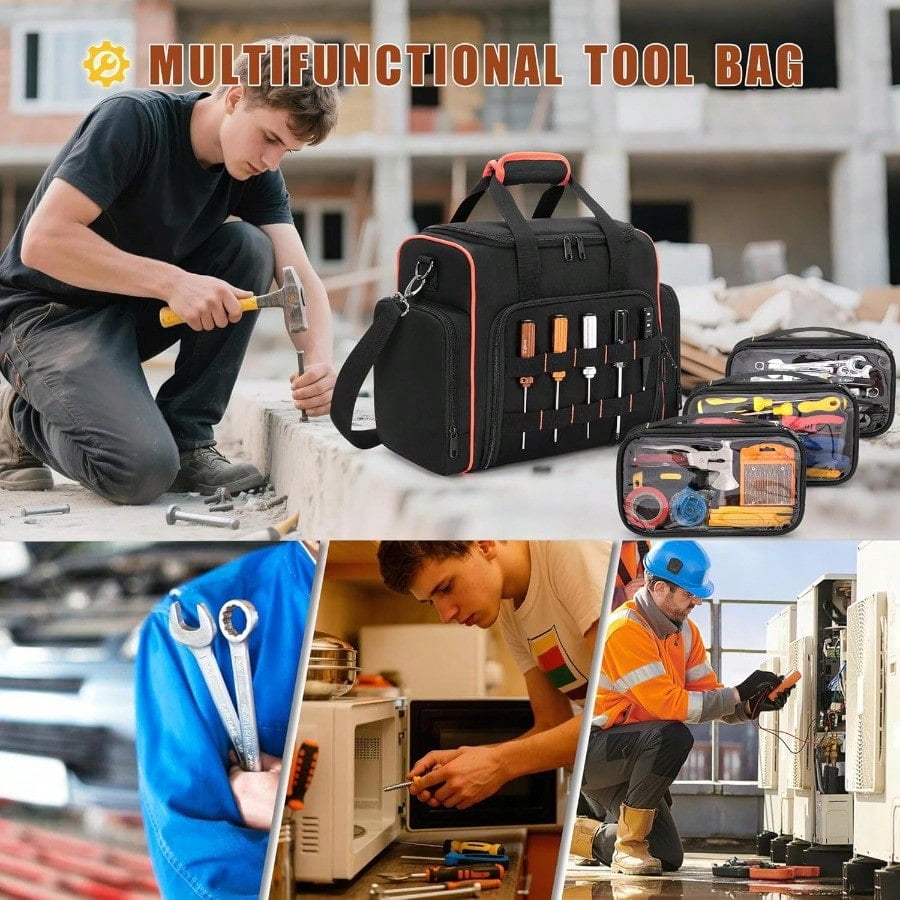 Tool Bag with 3 Removable Cases 2 Layers Tool Tote for Hand Tools Black with Red Binding