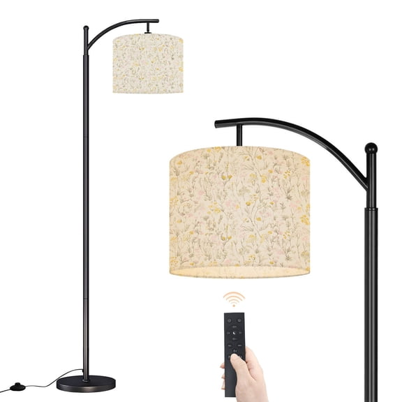 Arc Floor Lamp with Adjustable Lampshade Delicate Wildflower Yellow Pink Blossoms Cream Standing Lamp 3 Color Temperatures Dimmable Tall Pole Lamp with Foot Switch for Bedroom