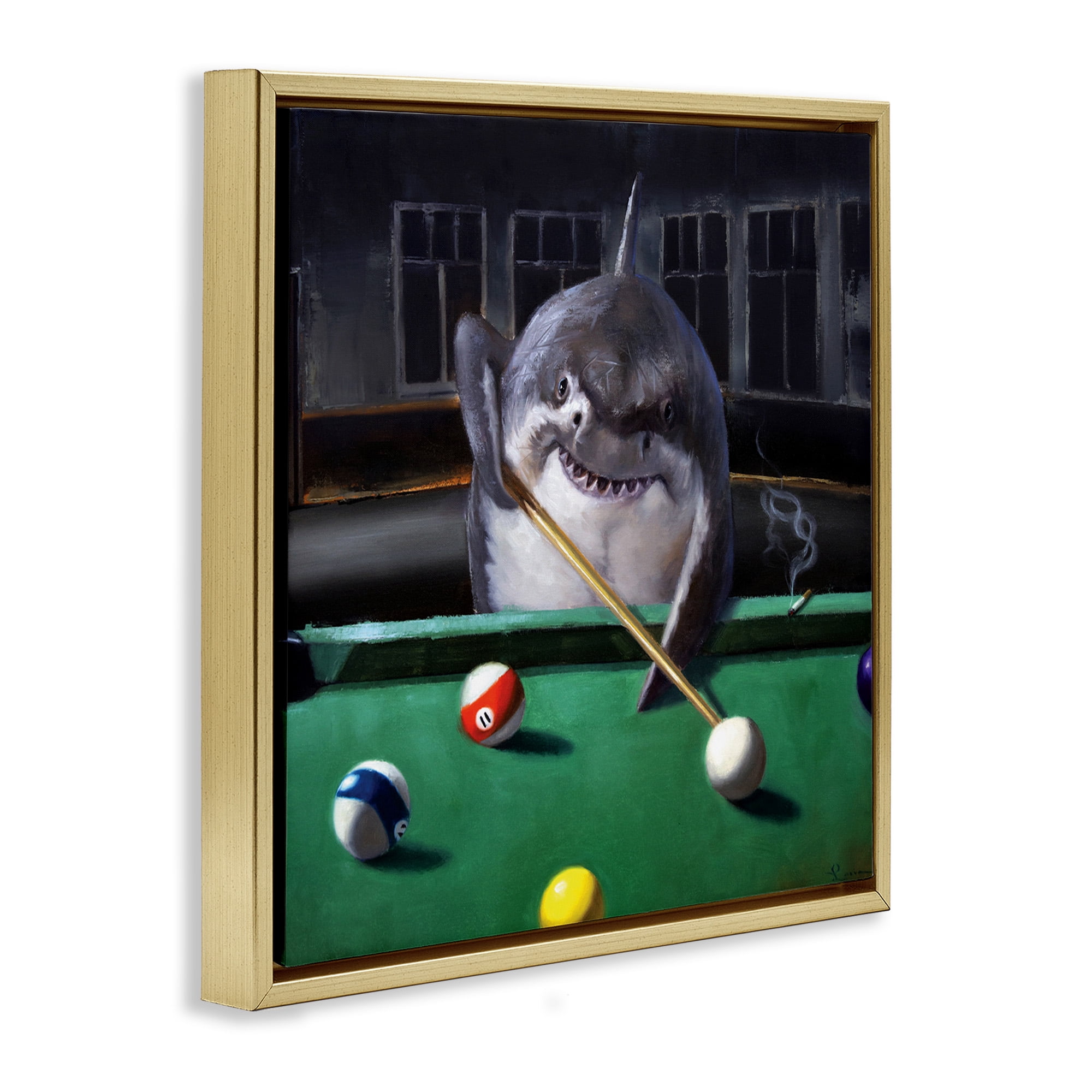 Stupell Industries Pool Shark Animal Pun Animals & Insects Painting Gold Floater Framed Canvas Art Print Wall Art, 25 x 25