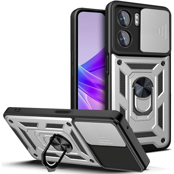 Sturdy Case for Oppo A77 5G with Slide Camera Window, Heavy Duty Protection Phone Cover Case with Ring Stand for Oppo A77 SJ Silver