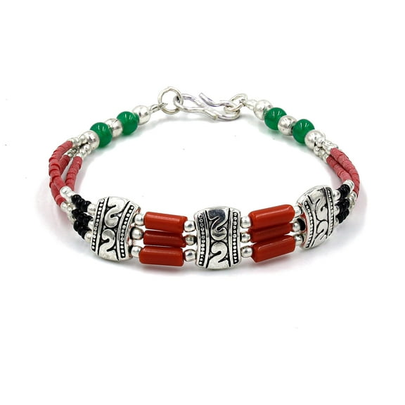 Tibetan Silver Handmade Boho Ethnic Bracelet for Women & Men Coral, Black Onyx & Green Chalcedony Gemstones Silver Plated Jewelry