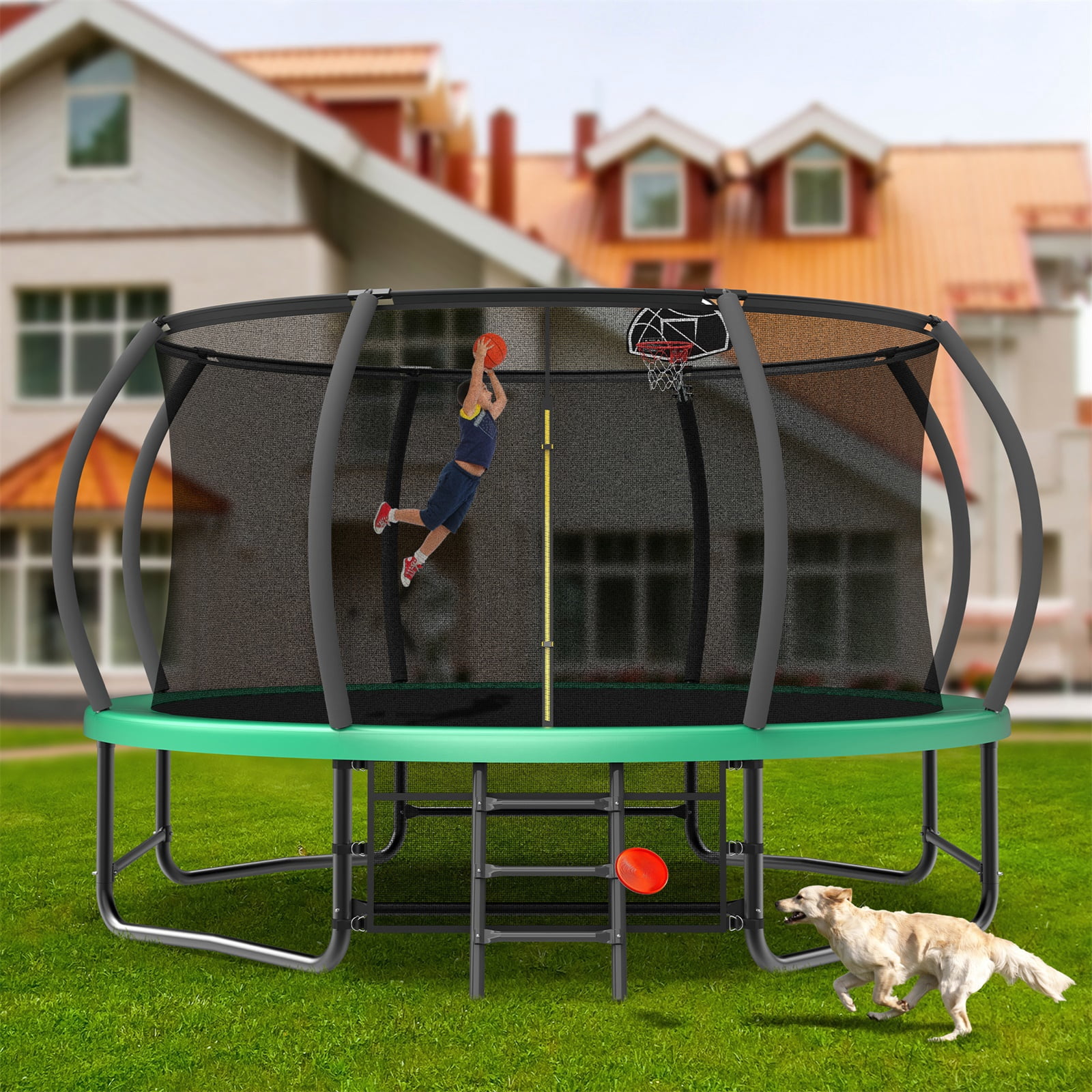 Hommoo 14FT Trampoline with Enclosure, Recreational Trampolines with Ladder and AntiRust Coating, ASTM Approval Outdoor Trampoline for Kids, Green