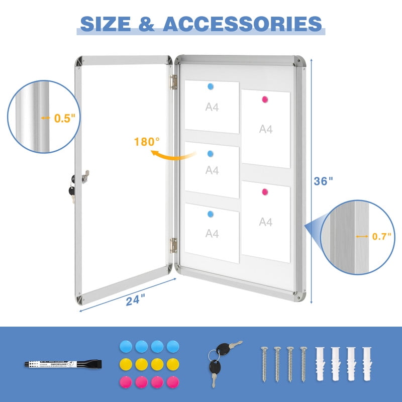 Lockable Notice Board 36"x24" Tamperproof Enclosed Display Board Whiteboard Cabinet for Wall Outdoor Use for Home Office Library, Community, Corridor, Wall-Mounted, Sliver Aluminium Framed