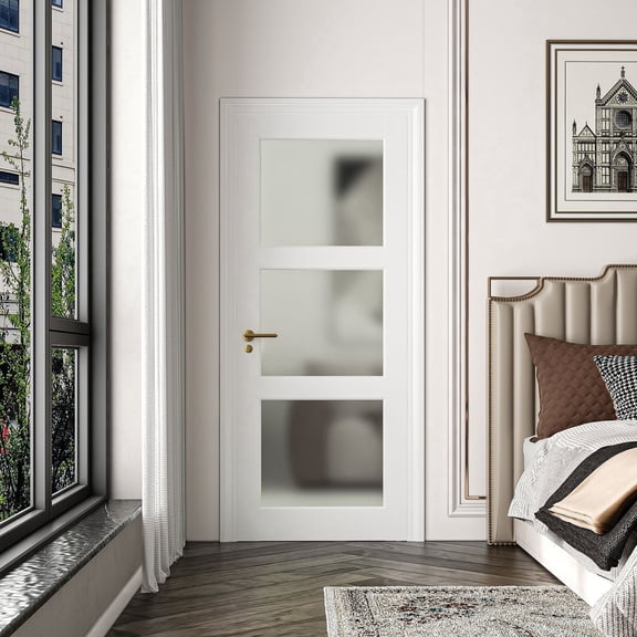 24"x80" 3-Lite Frosted Glass Interior Door Slab, French Panel Tempered Privacy for Pantry, Laundry, Office, Closet, DIY Paintable Swing Shaker Sliding Pocket Barn w/o Hardware&Frame, White