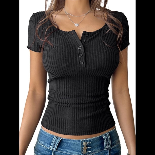 Camisetas de Verano de Corta con Cuello en V para Mujer, Blusa Informal de Punto Henley con Botones Negro S