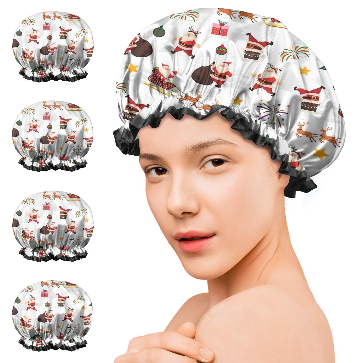 Shower Caps,White Christmas Santa Pattern Waterproof Shower Cap for Women 4 Pieces,Double Reusable Hair Cover for Shower PEVA Elastic Stretch Hem