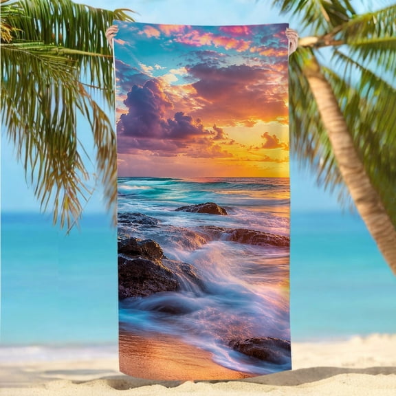 RKSupls Quickly Absorb Moisture Beach Towel - Rocky Shore Sunset Waves Print, Machine Washable Ideal for Bathroom beach yoga