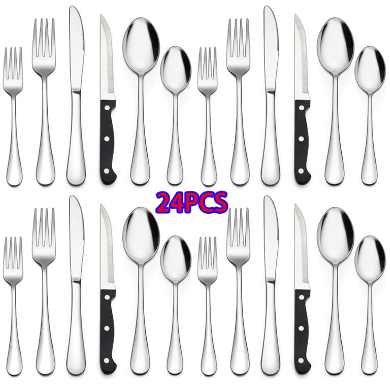 24-Piece Black Silverware Set with Steak Knives, Black Flatware Set for 4,  Food-Grade Stainless Steel Tableware Cutlery Set, Mirror Finished Utensil