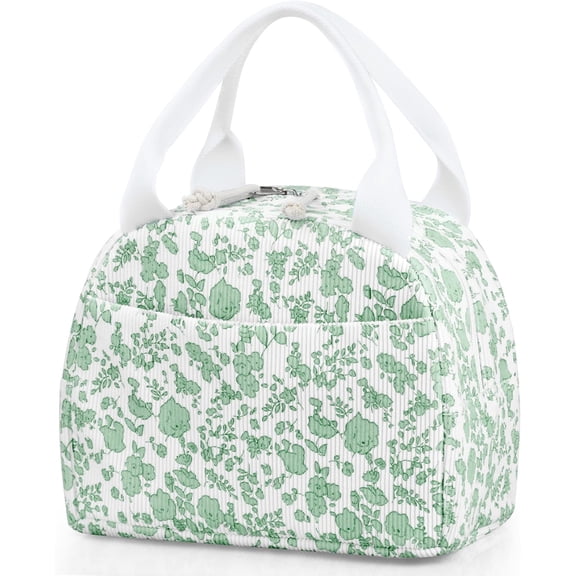 Lunch Bag - Insulated Lunch Box for Women, Reusable Large Capacity Cooler Bag for Adult, Small Leakproof Cute Corduroy Lunch Tote for Work Office Travel Picnic (Corduroy Green-Flower)