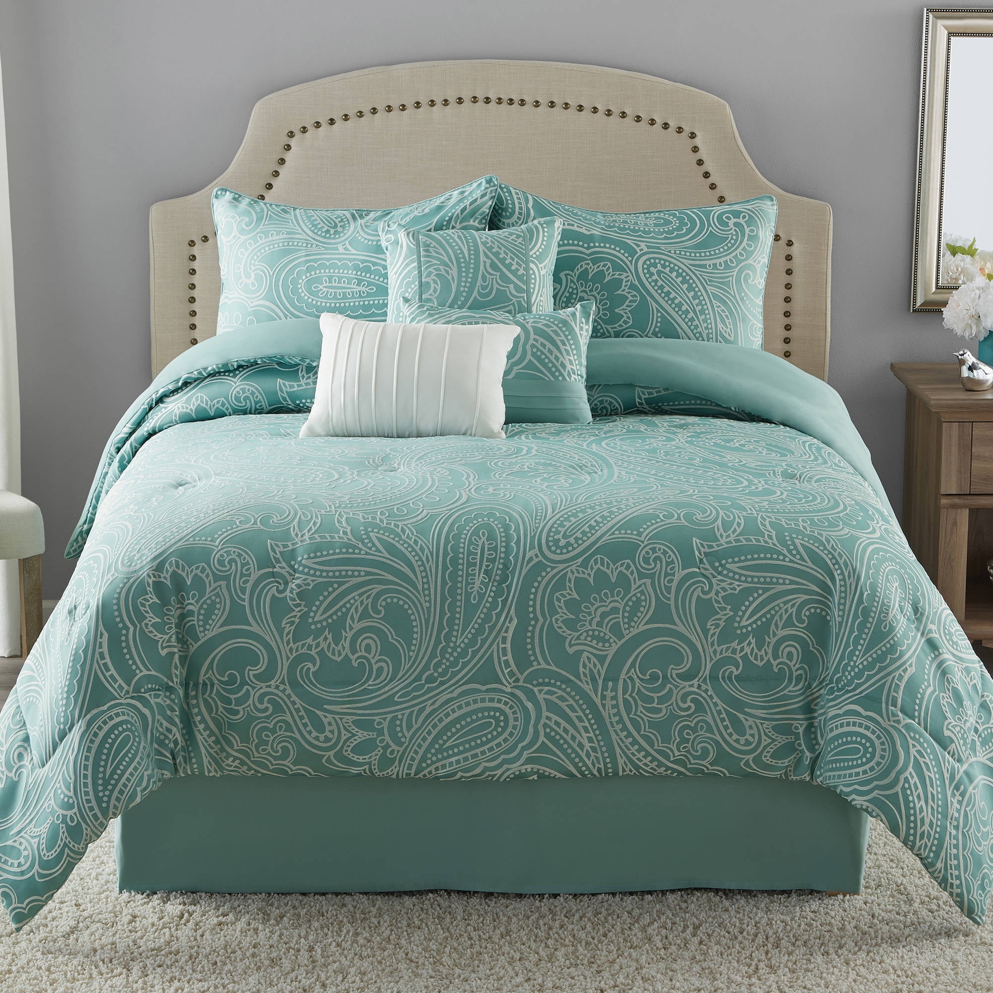 Teal FREE FAST SHIP Full Queen Mainstays 7 Piece Paisley Damask Comforter Set 