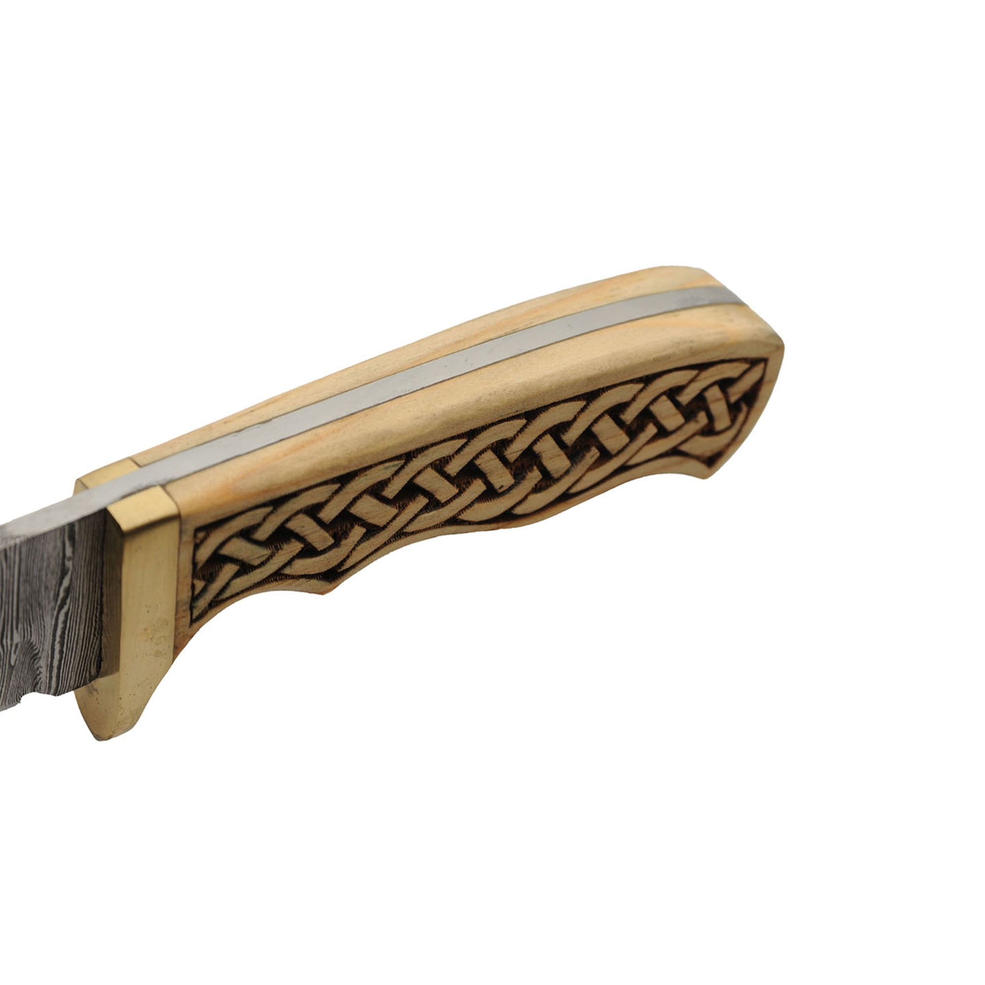 SANZ 8.25" Celtic Band Hunter Knife Damascus Steel Blade Full Tang Brass Guard Handle with Leather Sheath