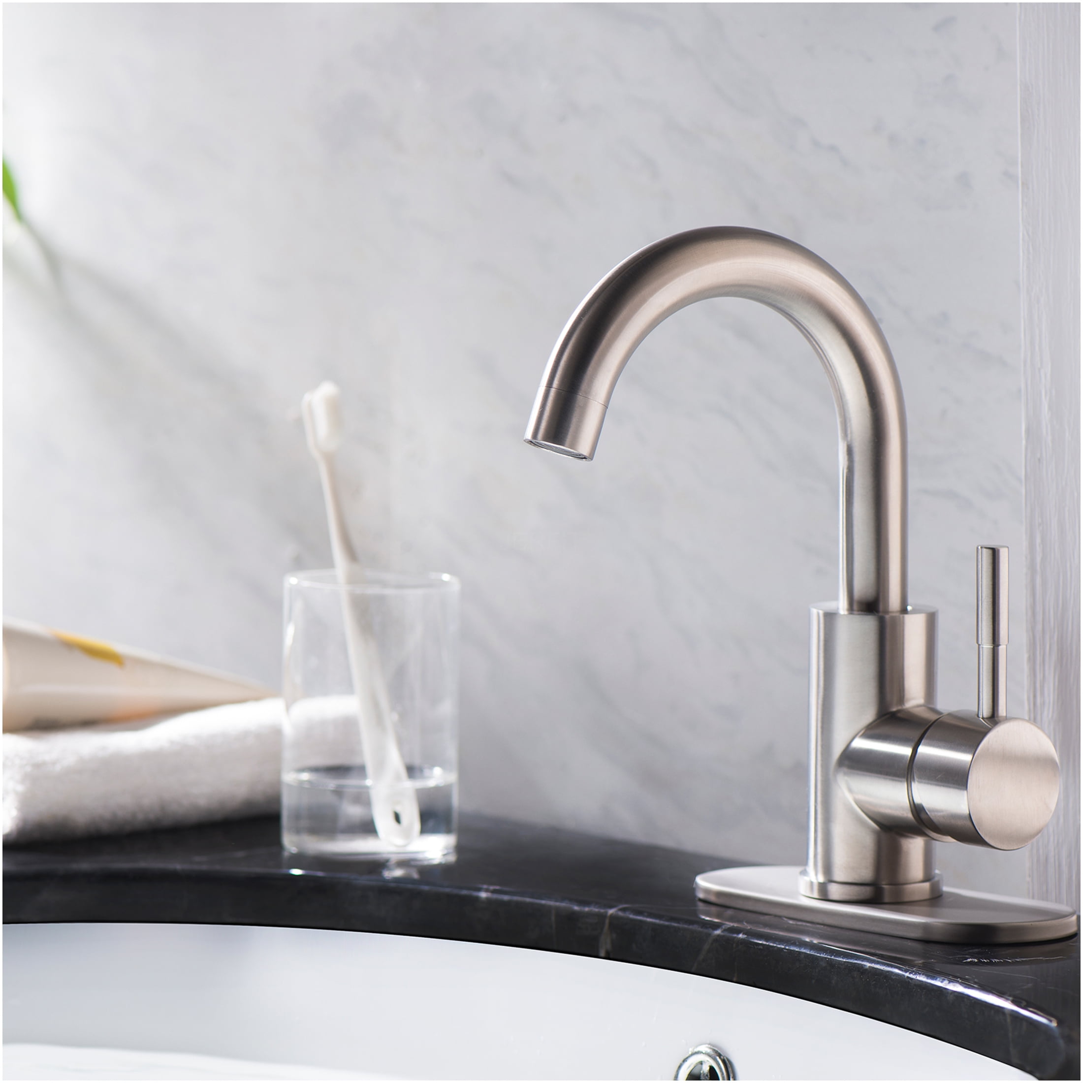 JERFIT Single Hole Bathroom Faucet, Brushed Nickel Finish, Single Handle Low Arc Vessel Sink Faucet for Bathroom Vanity, 4” Centerset, Ceramic Cartridge, Easy Install