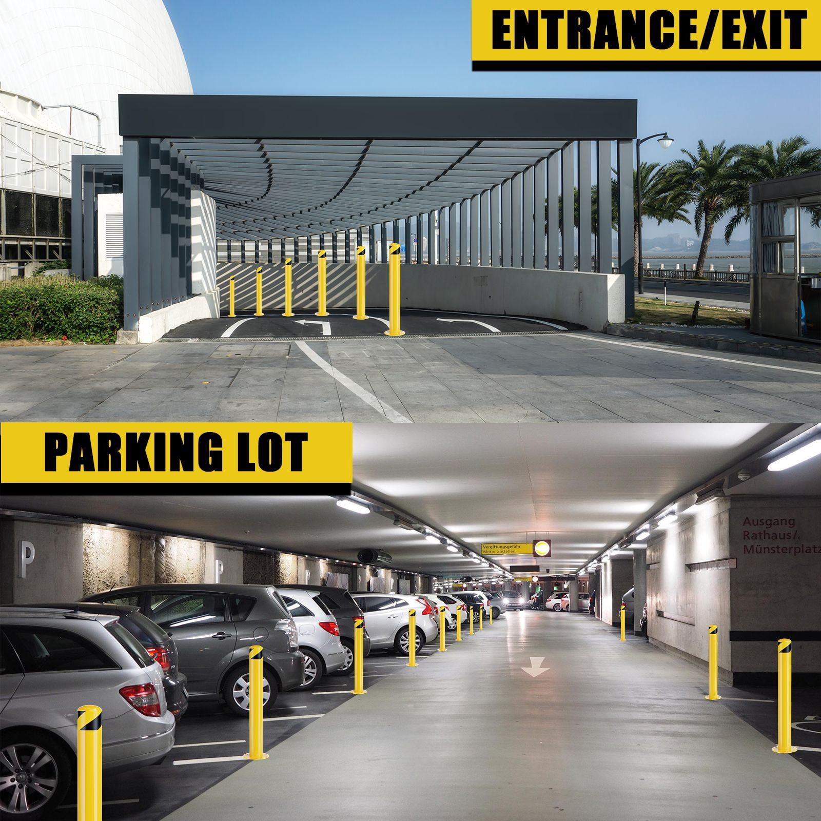 Safety Bollard Post 36/42 inch Height Safety Bollard, 3/3.5 inch Diameter Powder Coated Steel Bollard Post, Industrial Yellow Bolt Down Bollards with Anchor Bolts, Parking Post