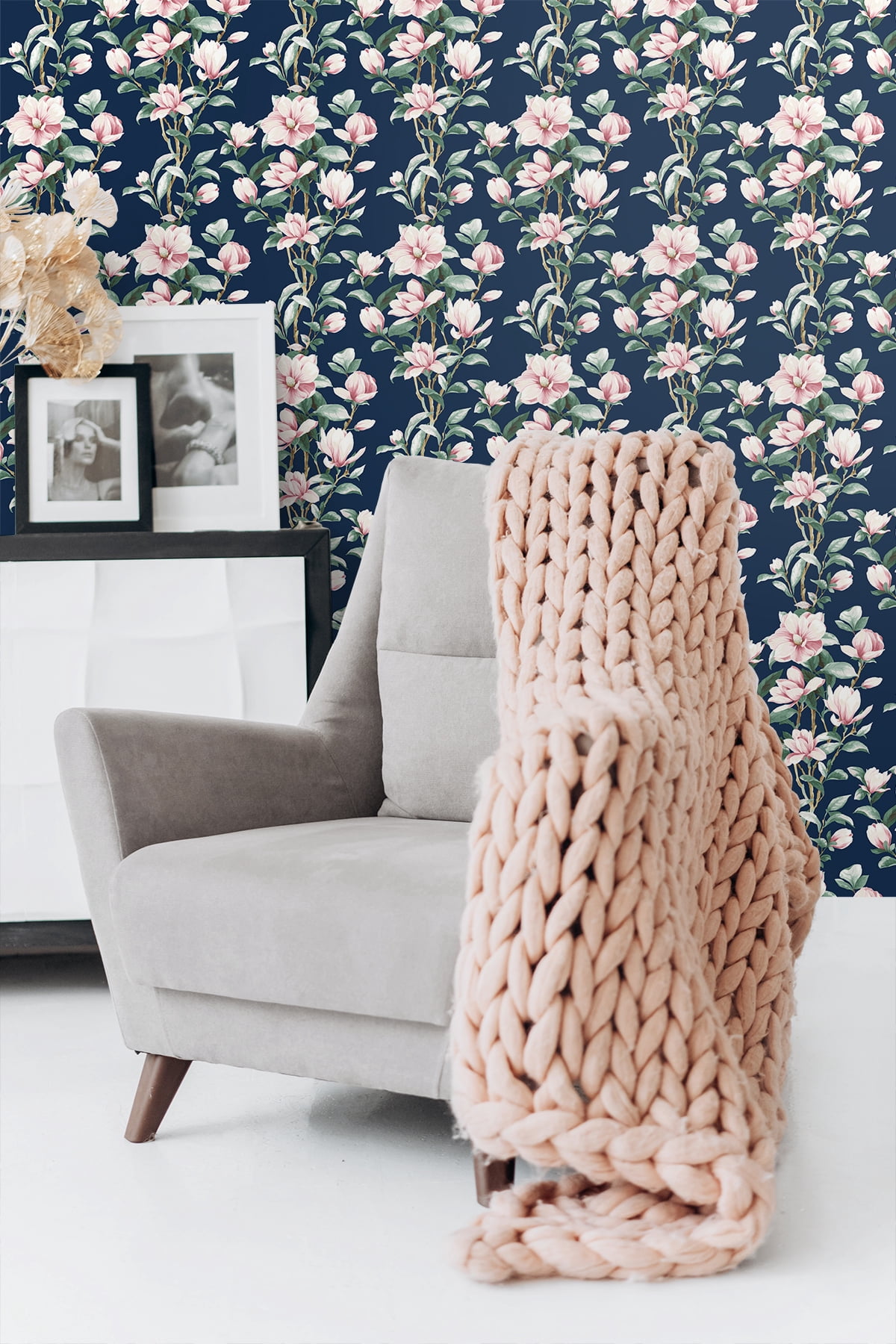 NextWall Navy & Blush Magnolia Trail Peel and Stick Wallpaper