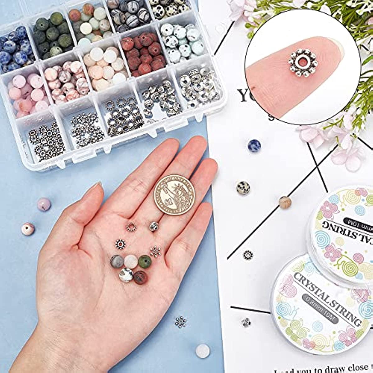 350Pcs+ Stone Beads Box Set Kits 10 Material 8mm Natural Frosted Stone 5 Styles Alloy Spacer Beads Red Blue Spot Jasper Aventurine