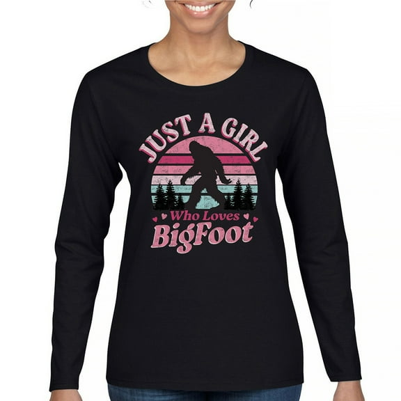 Just a Girl Who Loves Bigfoot Women's Long Sleeve T-shirt Sasquatch Fan Cryptid Cute Gift Vintage Sunset Wildlife Camping